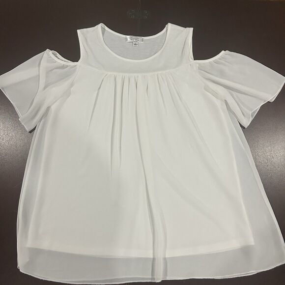 Shannon Ford New York Women's White Chiffon Overlay Cold Shoulder Blouse Size L - Picture 2 of 9